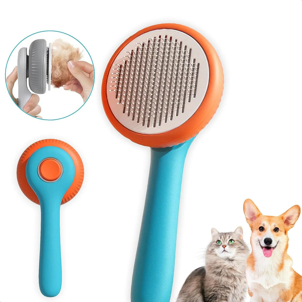Blue and white self-cleaning slicker brush for grooming cats and dogs on a neutral background.