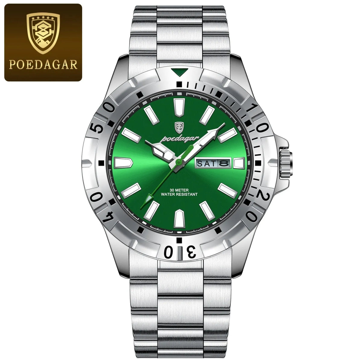 Men's waterproof luminous watch with 6mm thin case and steel belt strap in silver, gold, or black.