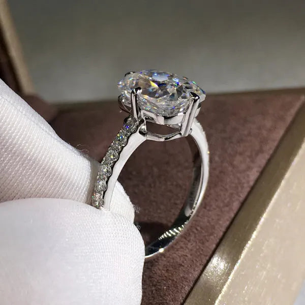 Women's moissanite princess cut ring with four-prong setting, white gold colour copper band, sizes 6 to 10