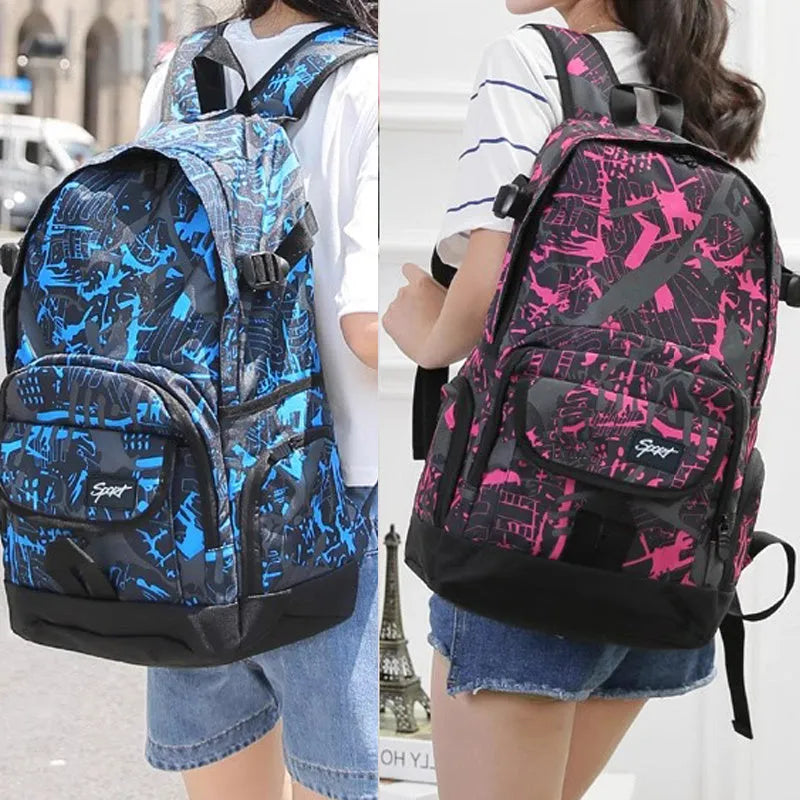 Blue classic nylon backpack with large main compartment and adjustable shoulder straps.