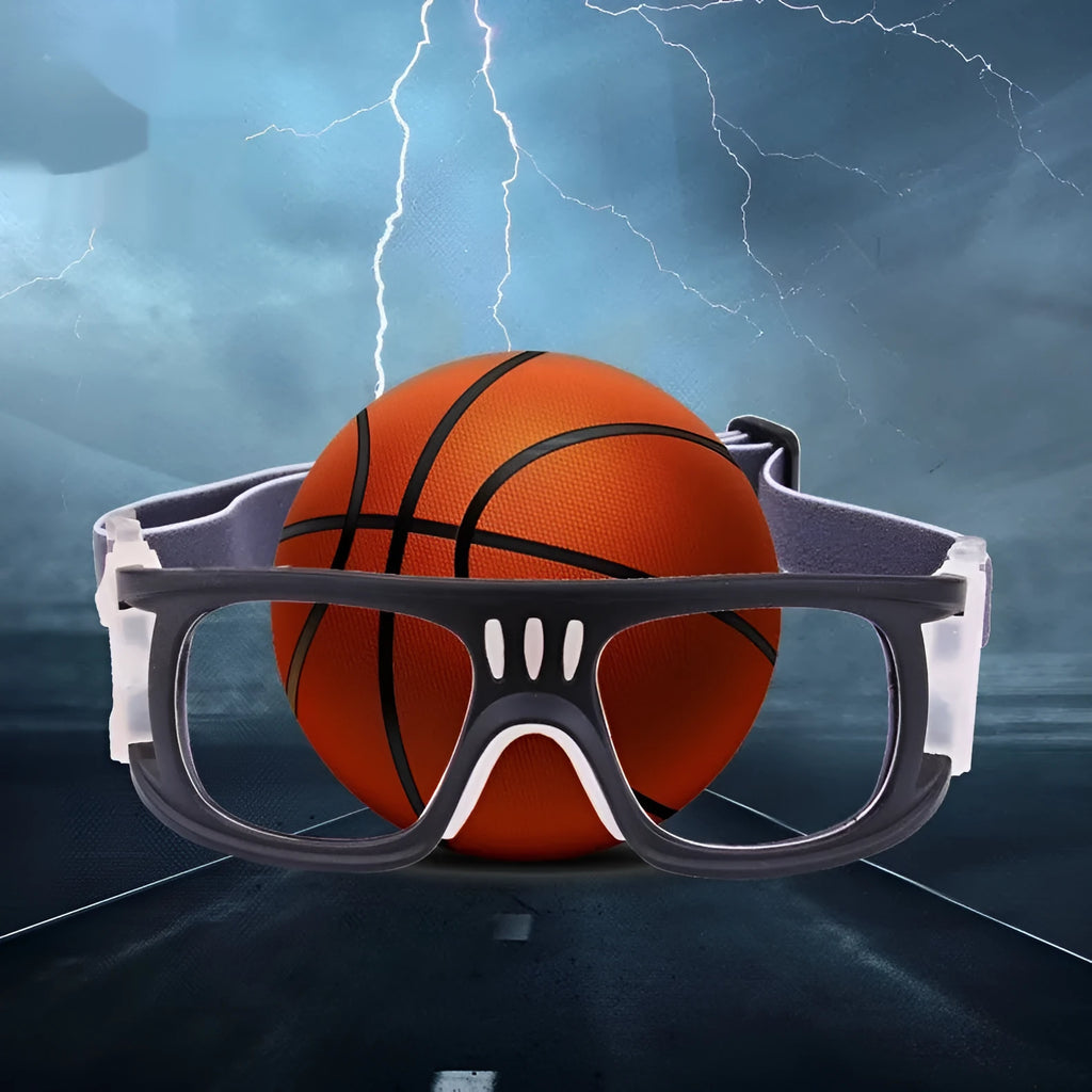 Blue explosion-proof outdoor protective basketball glasses with full rim polycarbonate frame on court