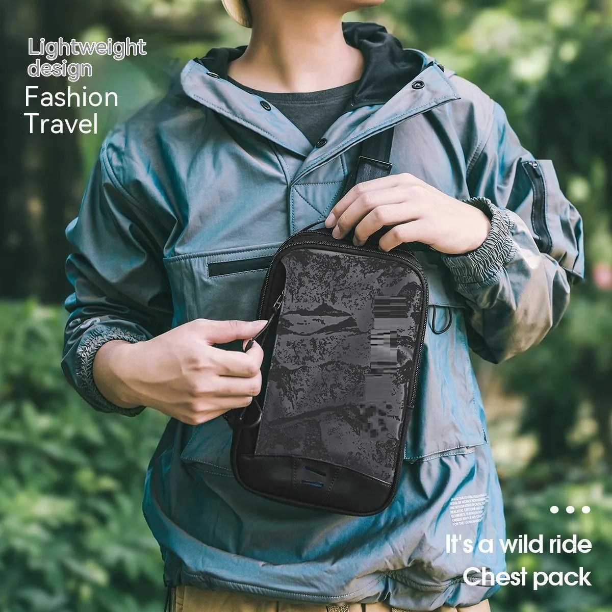 Casual black TPU camouflage print chest bag with adjustable strap, shown in a square vertical shape.