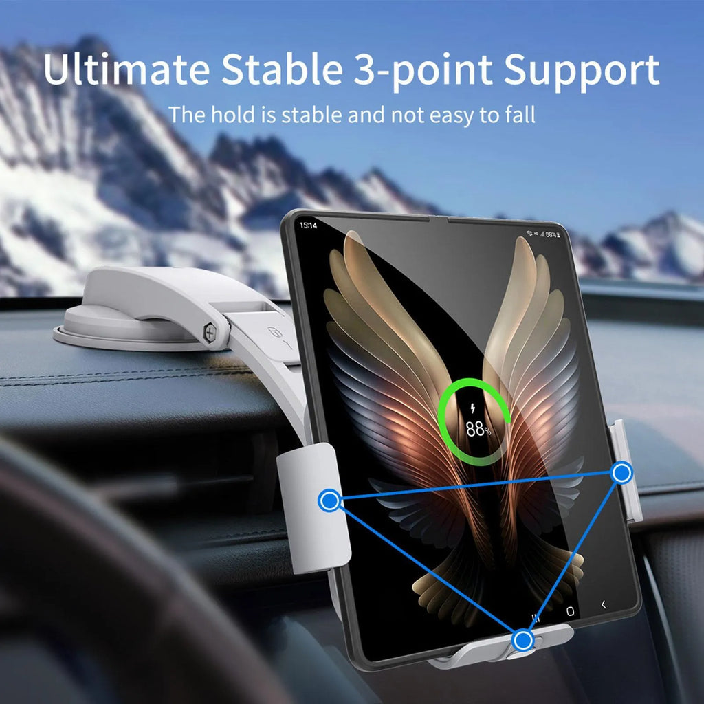 Grey on-board wireless charging bracket with folding phone holder, air conditioner clip, and suction cup mount
