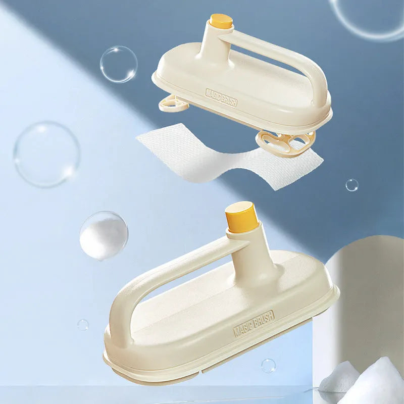 Magic Brush cleaning tool with plastic handle and stack of 50 white disposable non-woven fabric rags