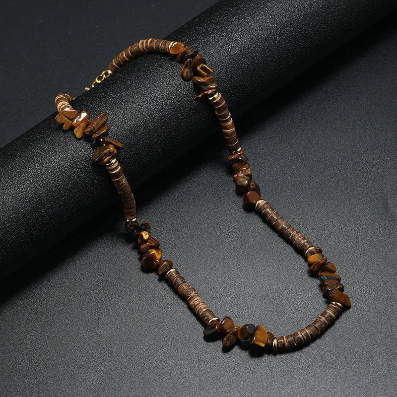 Men's hand-woven bohemian necklace with turquoise, shell white, and tiger stone beads and crystal pendant on adjustable cord