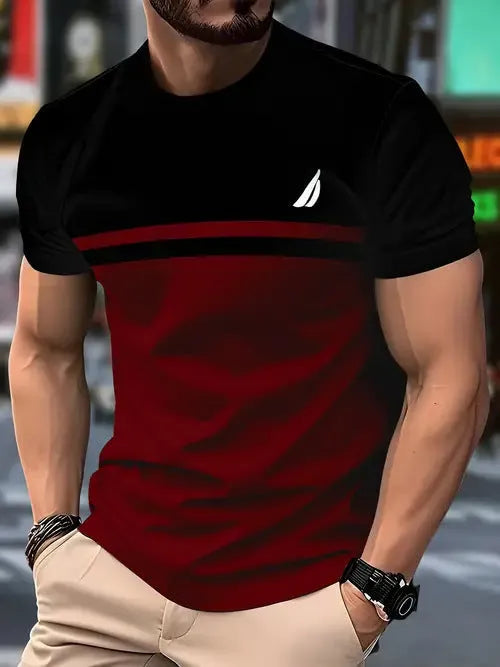 Men's loose fit casual polyester T-shirt in various colours on a size chart background
