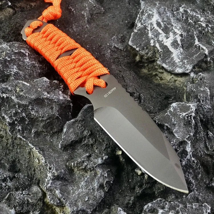 Outdoor camping survival knife with straight blade, rope handle, and ABS protective sheath