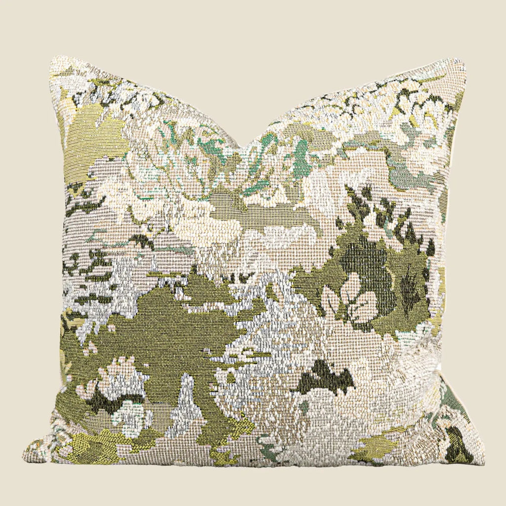 Antique green wool blend cushion with abstract spring flowers pattern in square and rectangular sizes.