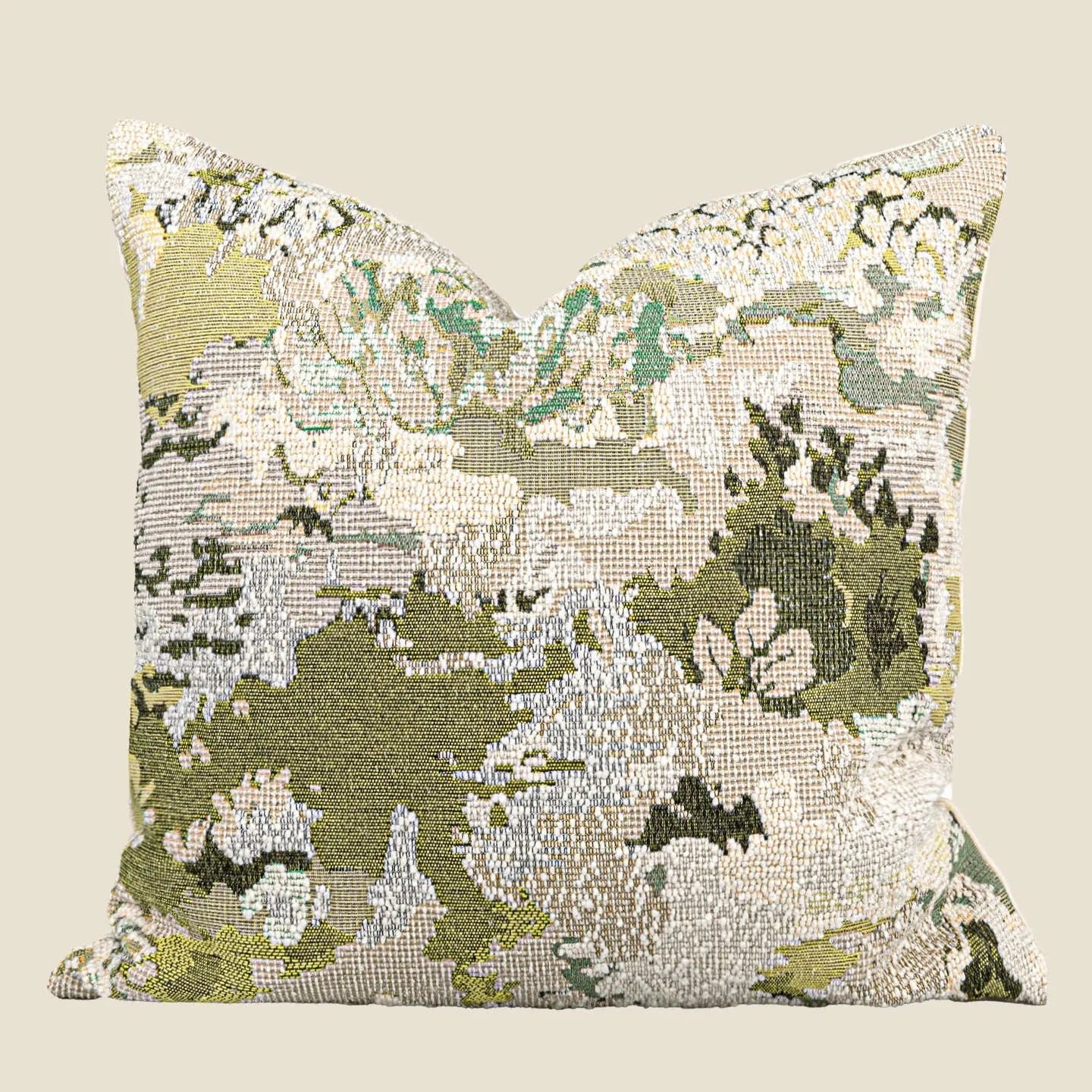 Antique green wool blend cushion with abstract spring flowers pattern in square and rectangular sizes.