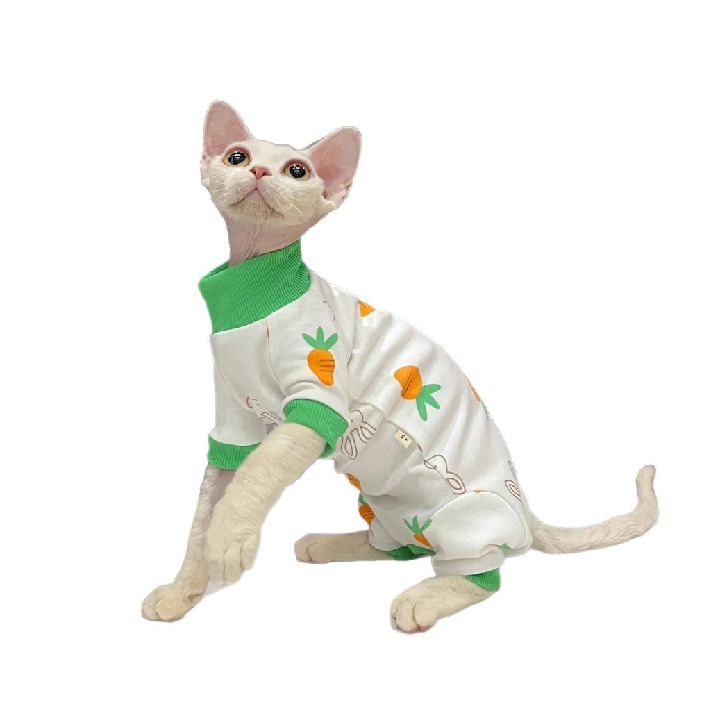 Hairless cat wearing all-inclusive sleeved polyester pet clothing in 2502 Carrot colour, cartoon style.