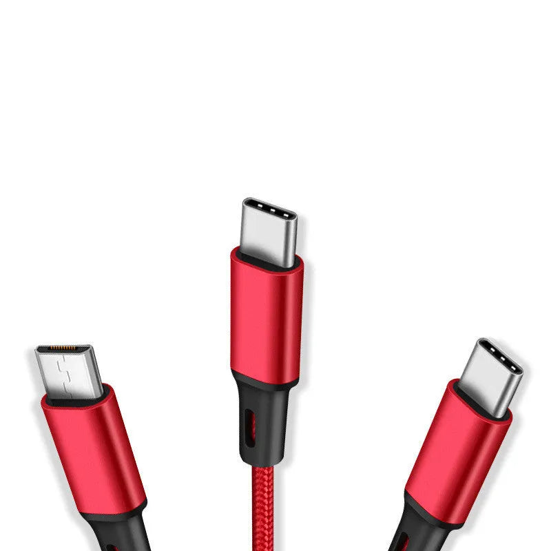 Three-in-one charging cable 1.2 metres long with TPE and nylon braid in multiple colour options