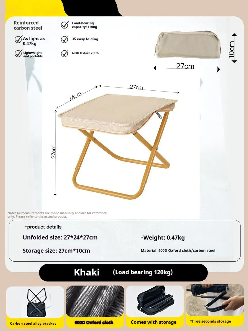 A lightweight foldable camp stool with an Oxford cloth seat, shown in a collapsed pencil box design.