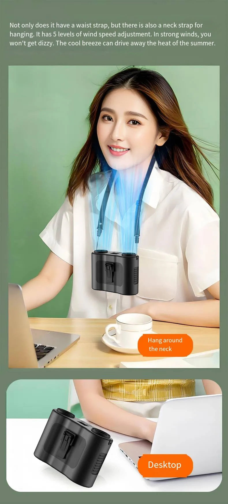 Black waist-hung personal fan with neck lanyard and waist clip, showing five-blade turbine design.