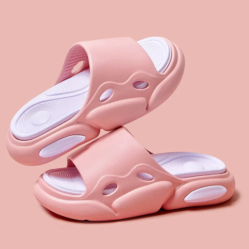 Women's two-colour slippers with thick EVA soles and leather lining in pink purple, white green, and black white.