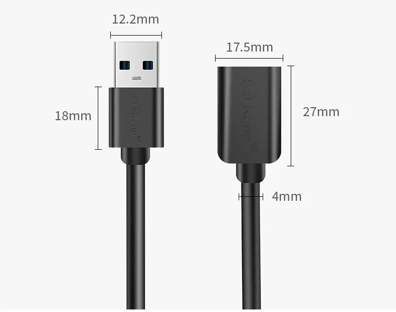 Black USB extension cable with male and female connectors, shown coiled to indicate its available lengths up to 5 metres.