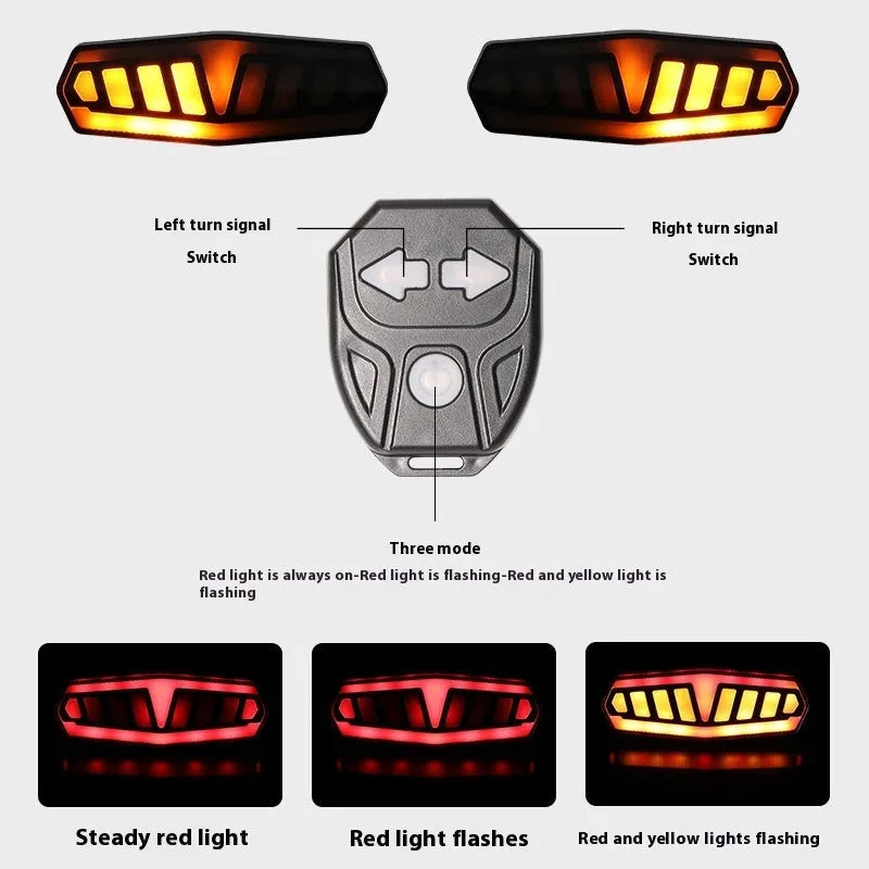 Remote control bicycle taillight with wireless remote, showing compact black ABS housing with multiple LED functions