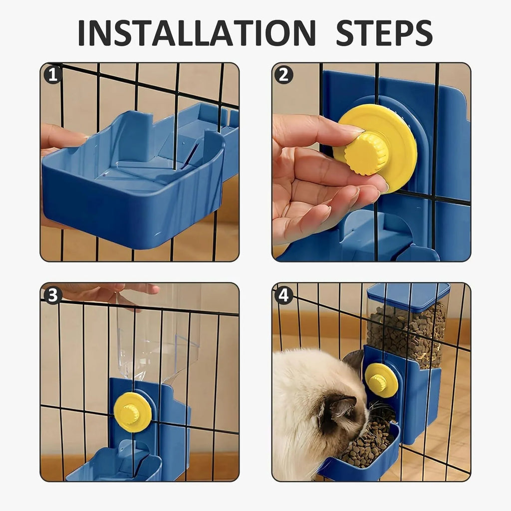 Transparent hanging automatic pet feeder with food and water compartments for small animal cages