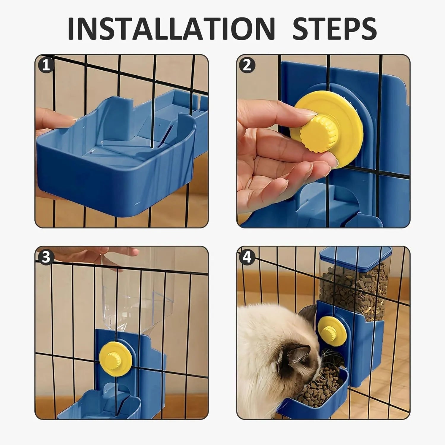 Transparent hanging automatic pet feeder with food and water compartments for small animal cages