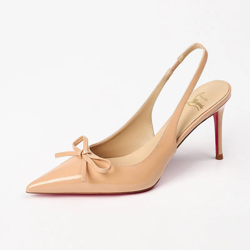 Women's patent leather pointed-toe high heels with 8cm heel in black, wine red, and nude colours