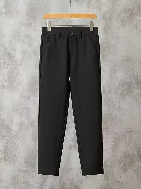 Men's slim-fit straight trousers in polyester, available in black, blue, khaki, dark gray, and light gray, sizes 27 to 38