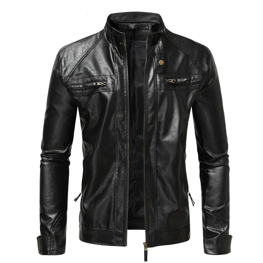 Men's PU leather coat with stand collar and double zipper in brown, regular fit.