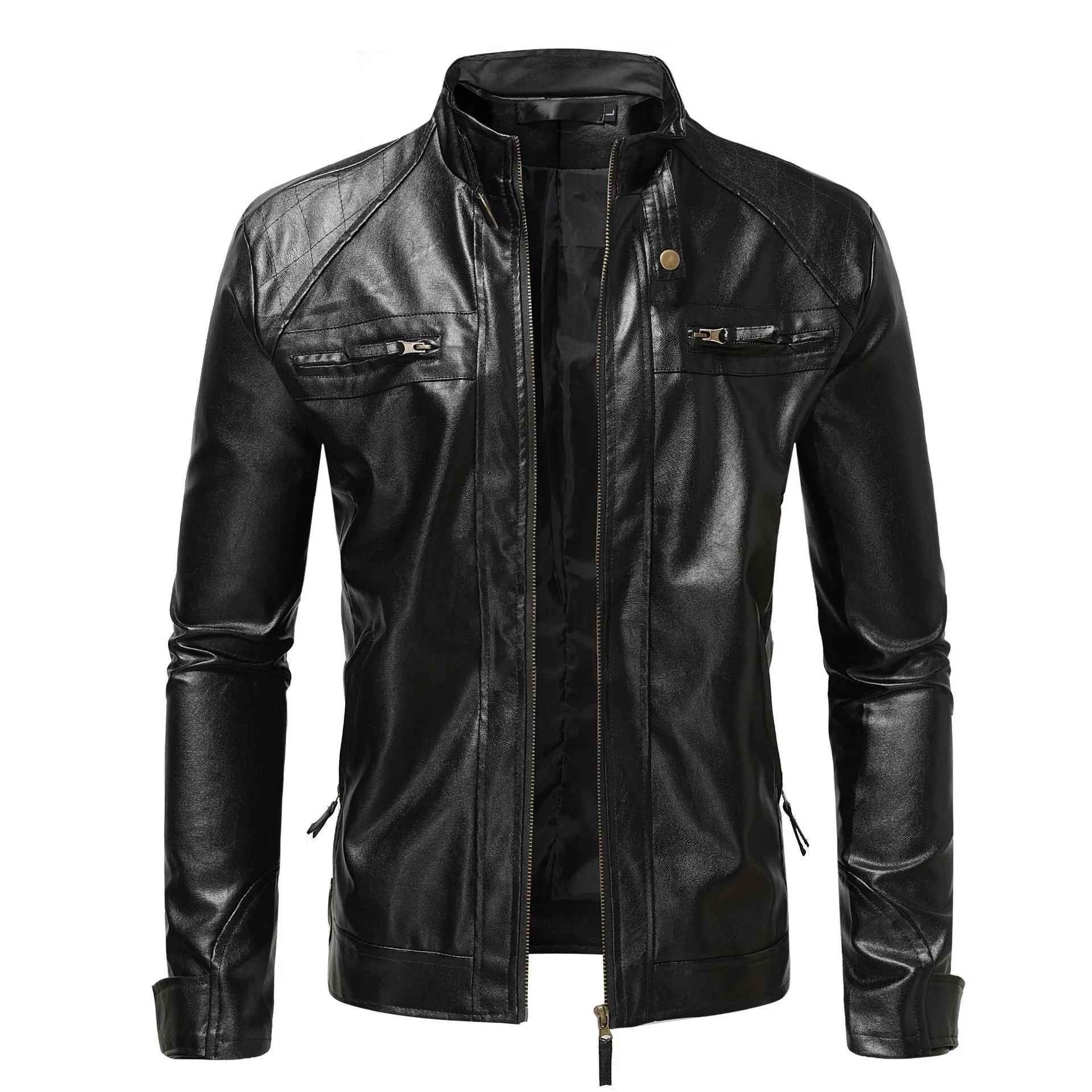 Men's PU leather coat with stand collar and double zipper in brown, regular fit.