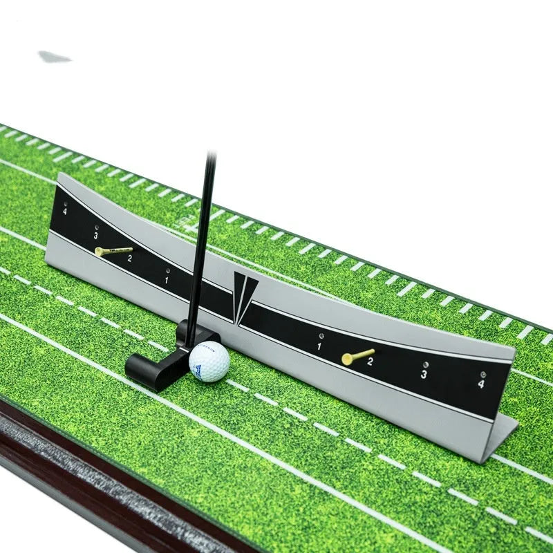 Adjustable golf putter trajectory balance simulator with push rod on a green carpet