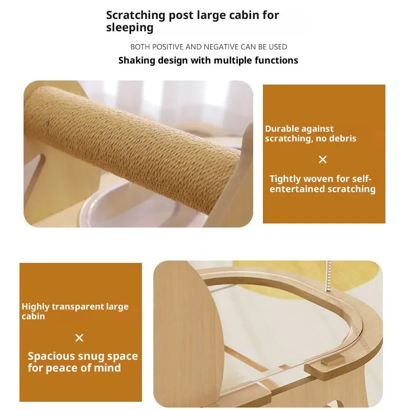 Hemp rope cat bed with space capsule rocking chair design, wear-resistant non-shedding column, medium density fiberboard frame