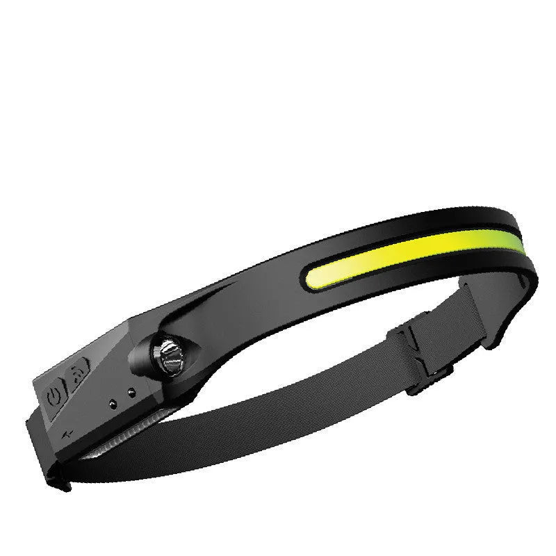 Black silicone USB rechargeable LED headlamp with a wide front light and a side wave sensor for touchless control.