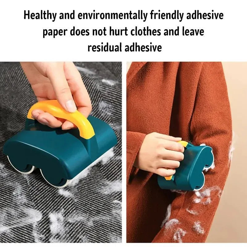 Green pet hair removal roller with handle and double rollers on a white background