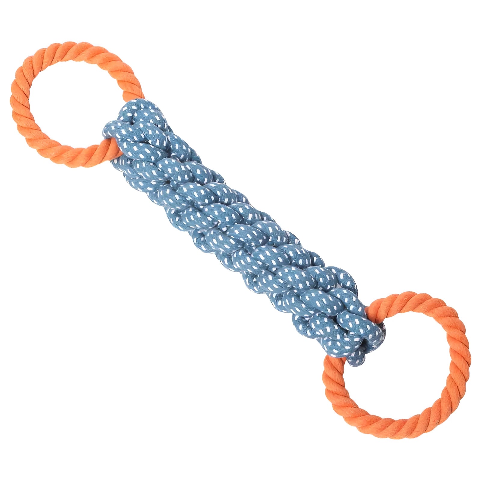 Blue cotton knot rope dog chew toy with double-ring braided bone design