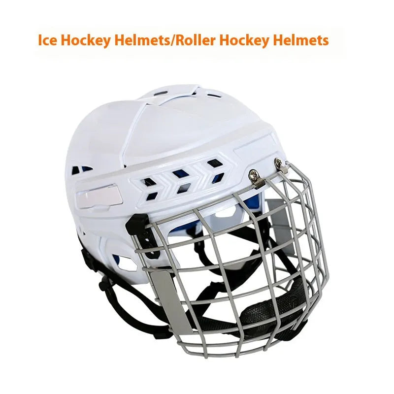 Ice hockey helmet with carbon steel face mask and impact-resistant polypropylene shell in four sizes