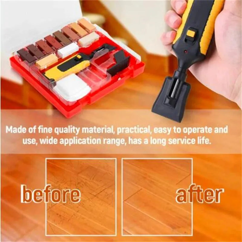Floor repair tool set with red handle and colour wax sticks for DIY tile scratch repair