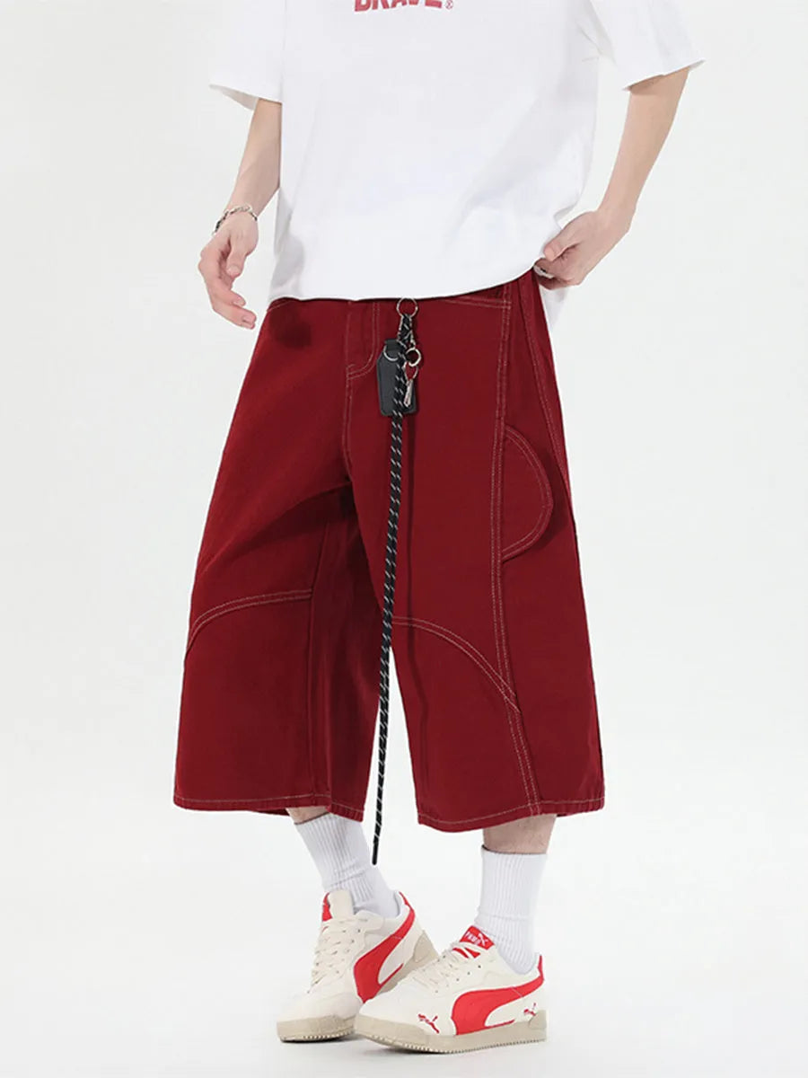 Retro multi-pocket denim workwear shorts in wide-leg cropped style