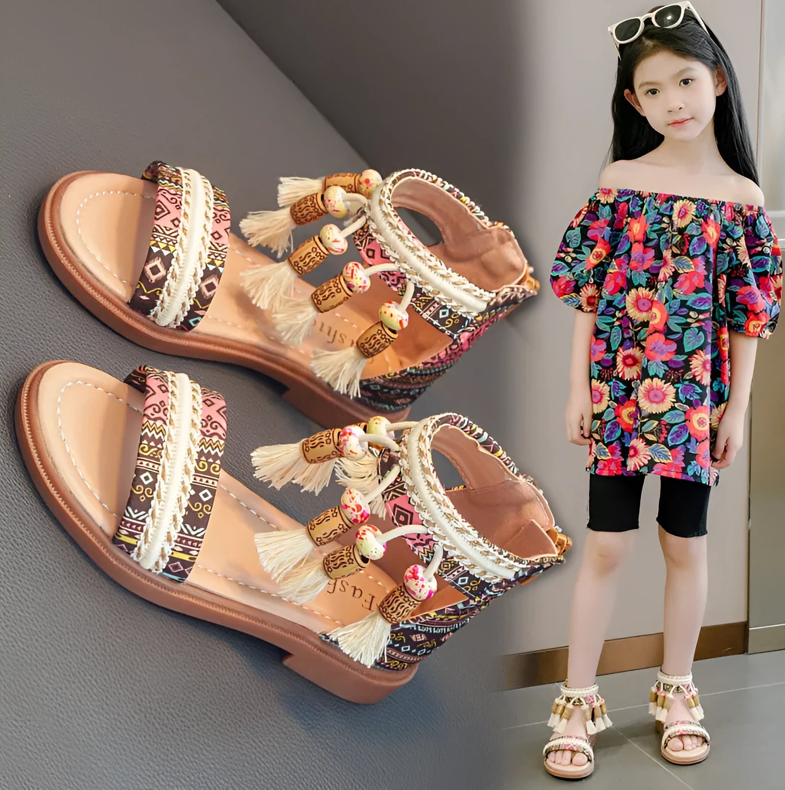 Children's Roman sandals with beaded detail, back zipper, cloth upper, black colour, retro style