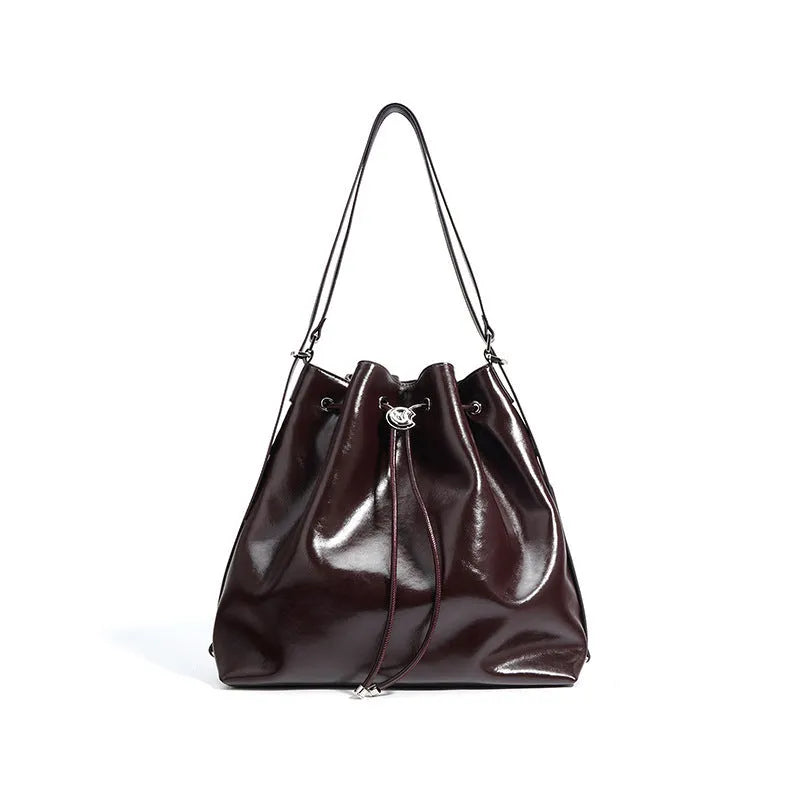 Genuine leather retro bucket bag with single shoulder strap in brownie brown colour