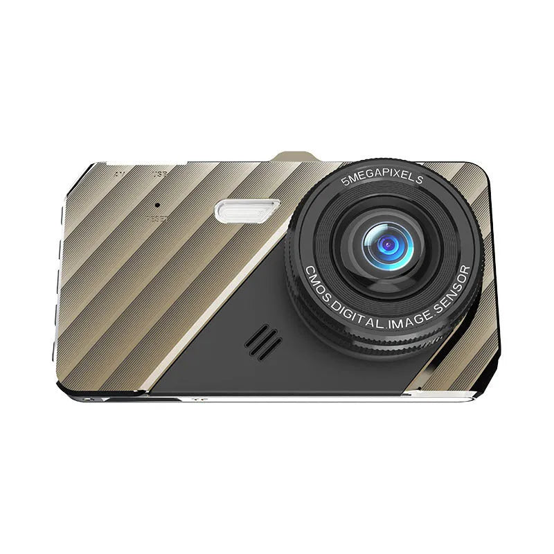 4 inch front and rear dual lens dashboard camera with touch screen display showing dual camera views