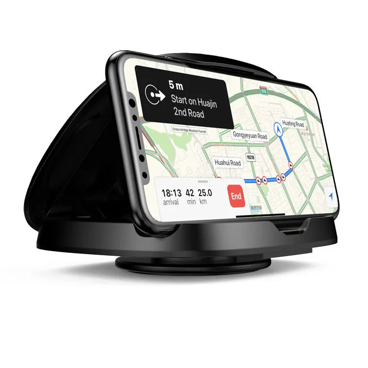 Black rotating suction cup car phone holder mounted on a car windscreen