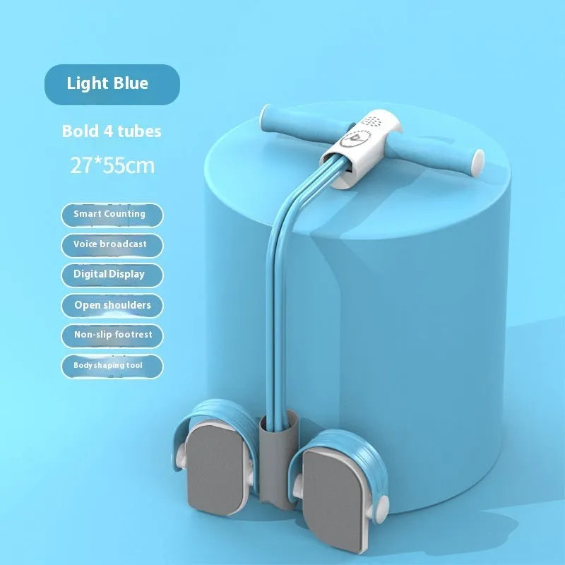 Portable foot pedal pull device for sit-up exercises in blue colour with resistance tubes
