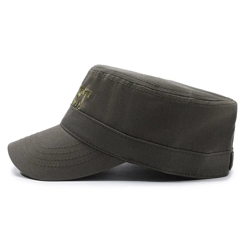 Men's flat-top peaked cotton cap in army green with adjustable strap and English letter detail on the front.