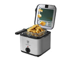 Silver electric air fryer with transparent cooking chamber and detachable frying basket