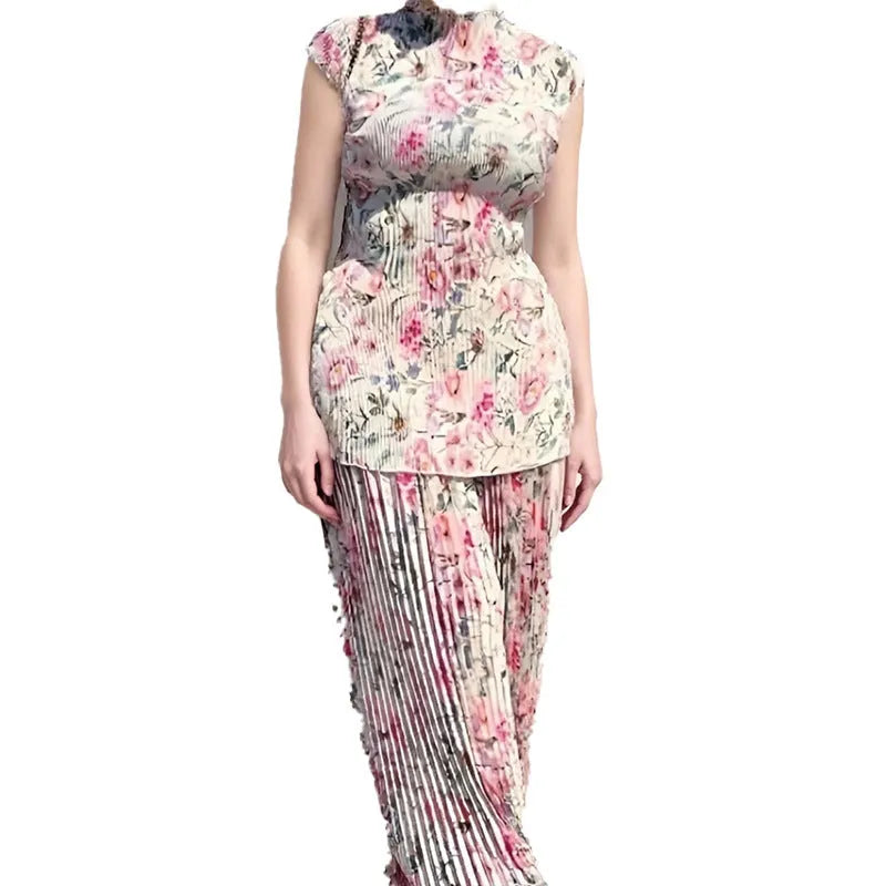 Long sleeve printed chiffon dress with matching high waist skirt in floral pattern