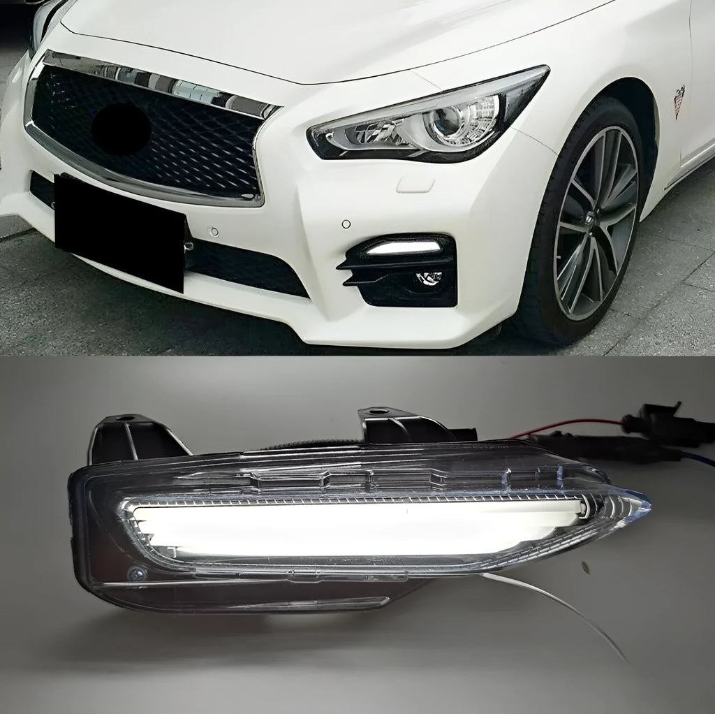 Infiniti Q50 Q70 front bumper LED turn signal and daytime running light replacement unit with ABS housing