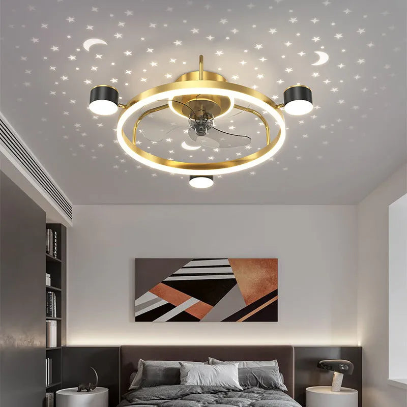 Intelligent silent ceiling fan lamp with PVC blades and remote control in black finish