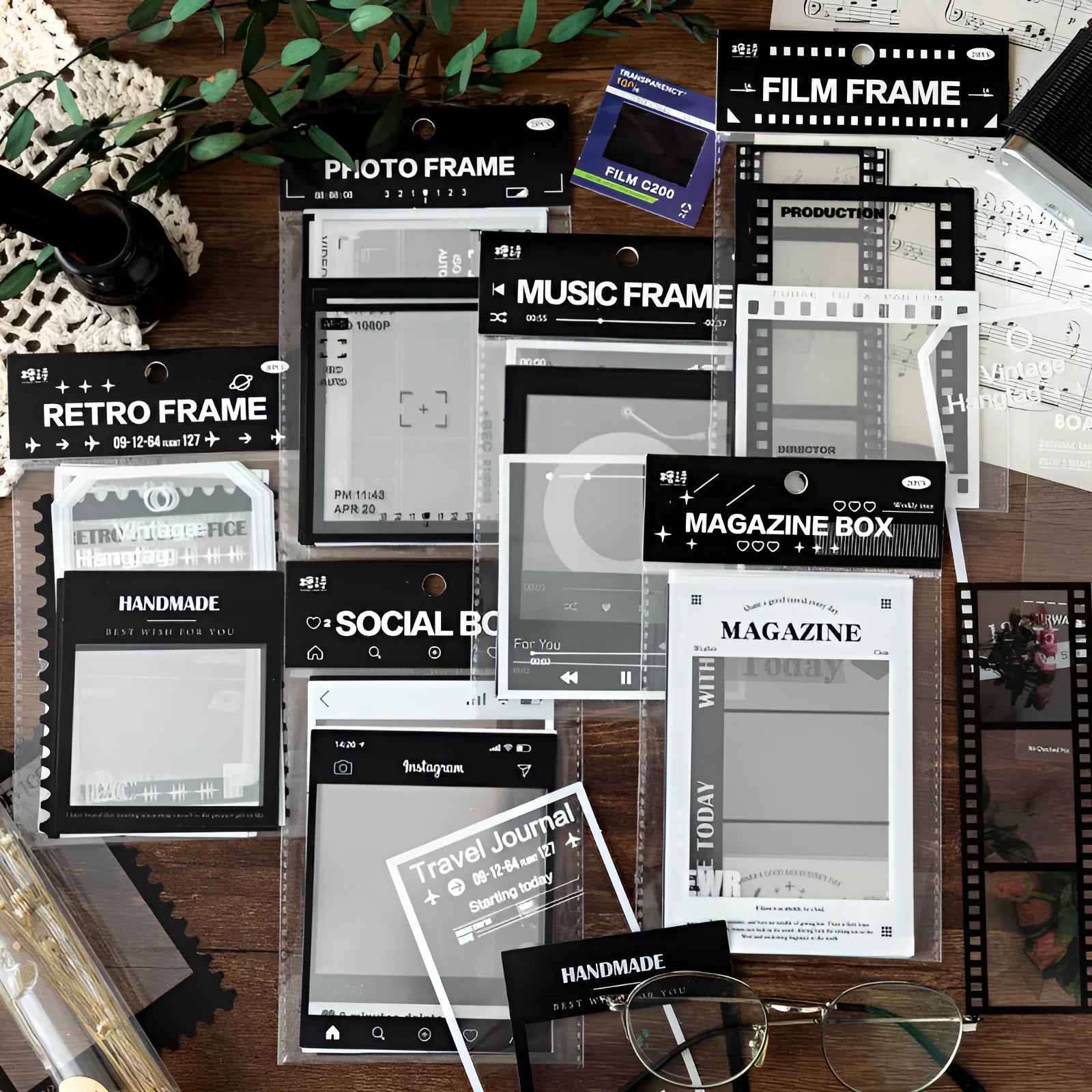 Retro decorative sticker pack with 15 transparent sheets showing film, music, and photography frame designs.