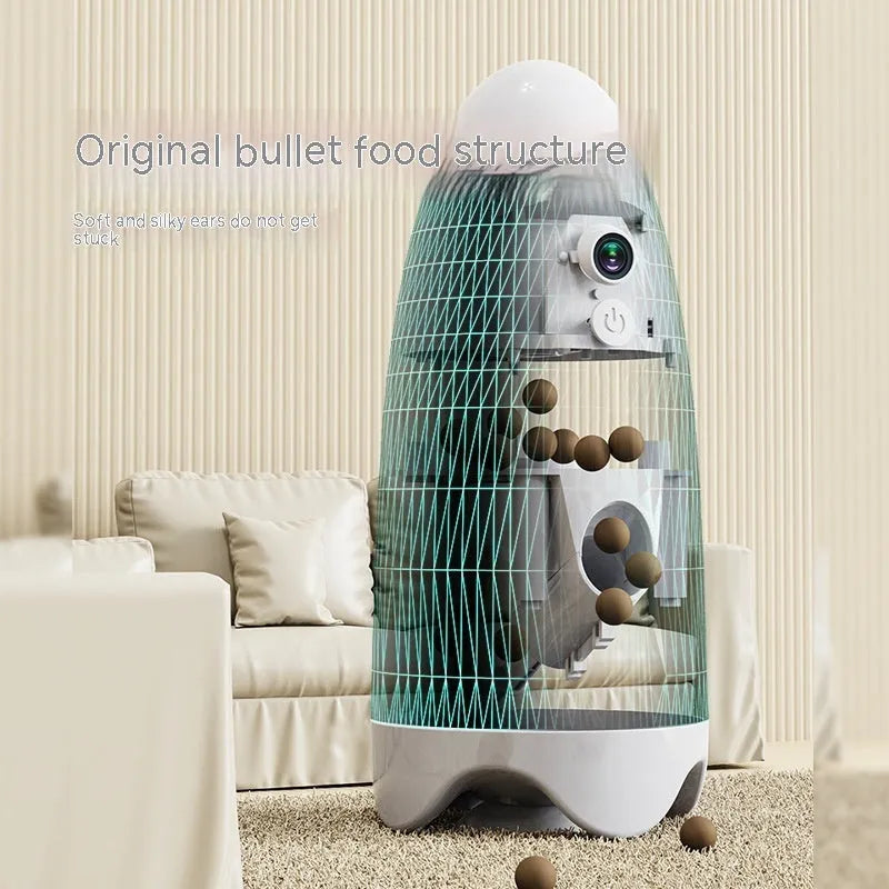 Smart pet feeder in white with built-in camera and APP remote control for dogs and cats, size 270mm by 120mm