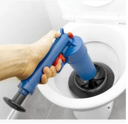 Plastic high-pressure drain blaster gun with handle and four different sized adaptor suckers for sink and toilet unblocking