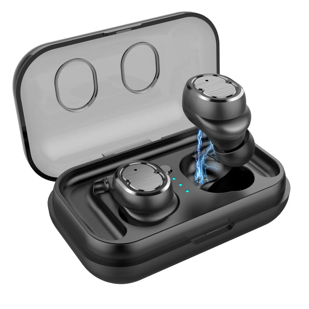 Touch control Bluetooth wireless headset with earbuds in black, white, red, or blue colours