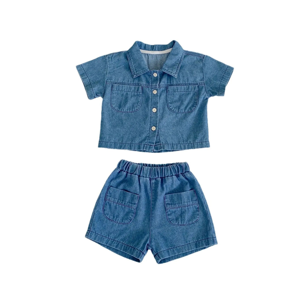 Blue cotton denim baby boy suit with short-sleeve pocket top and boyshorts for summer