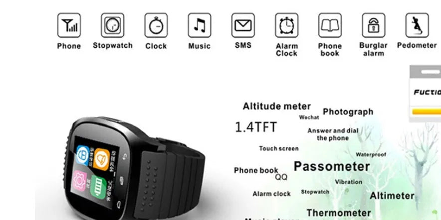 Bluetooth sports watch compatible with iOS and Android in black, white, or blue colours